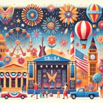 展示美国顶级文化活动的插图，包含Coachella音乐节、感恩节游行气球和独立日烟花