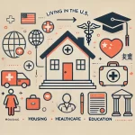 展示华人在美国生活实用指南的插图，包括住房、医疗保险和教育的相关图标，帮助移民适应新生活。
