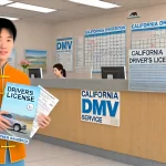 一位华裔美国人在加州DMV办公室准备驾照预约的插图，包含服务柜台、宣传手册、预约日历和驾照手册，展现了加州驾照考试准备的流程。