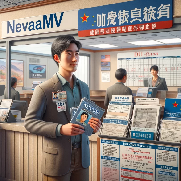 华裔美国人在内华达州DMV办公室准备驾照考试的插图，包含服务柜台、信息手册和预约日历，展示内华达州驾照考试的准备过程。