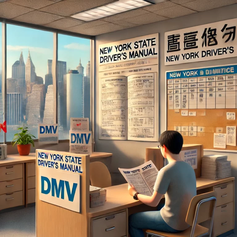 在纽约DMV办公室阅读中文《纽约州驾驶手册》的考生插图，背景包含服务柜台、信息海报和纽约城市景观。