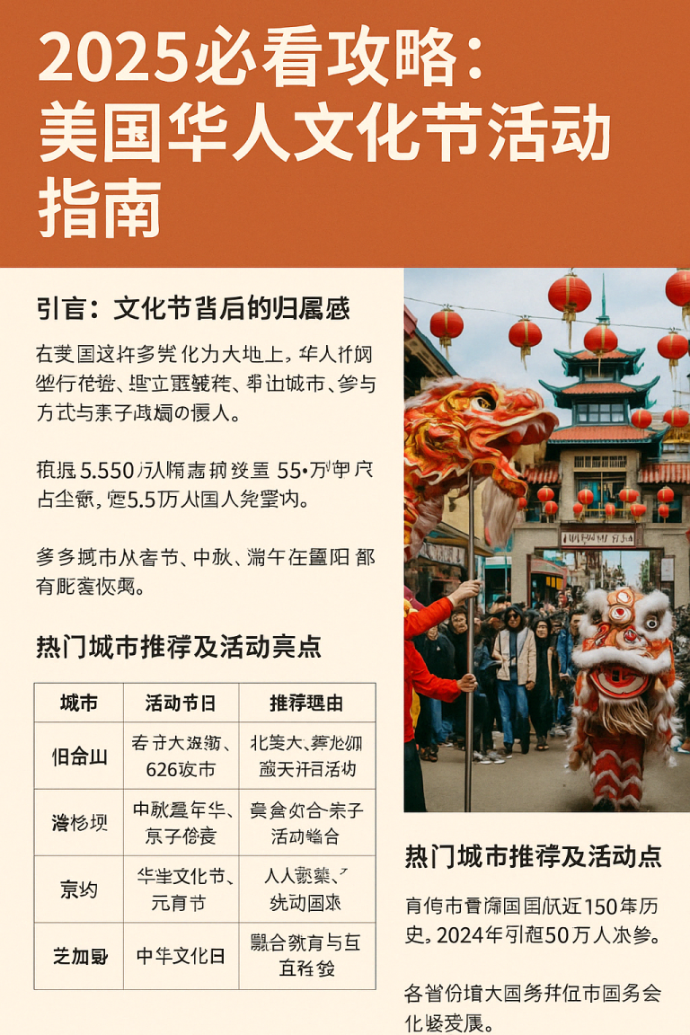 图示介绍2025美国华人文化节，包括热门城市如旧金山、洛杉矶、纽约的节庆活动亮点，配有舞狮照片和红灯笼装饰背景。