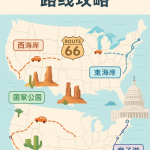 美国自驾游路线图解，包括西海岸、东海岸、国家公园、亲子路线和66号公路五大线路，搭配地标插画与路线图示。
