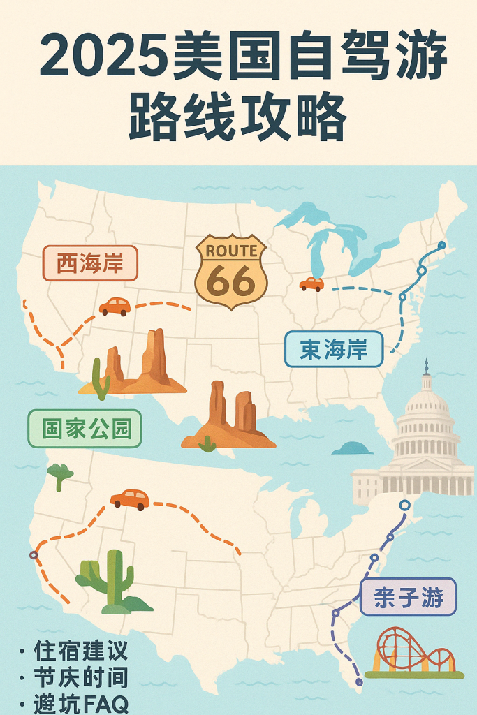 美国自驾游路线图解,包括西海岸、东海岸、国家公园、亲子路线和66号公路五大线路,搭配地标插画与路线图示。
