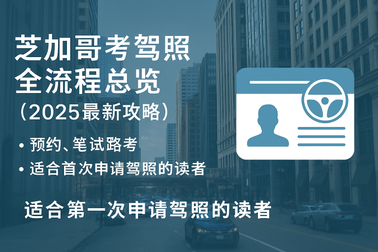 2025年芝加哥考驾照专题封面图，背景为城市街道，配有驾照图标与中文标题