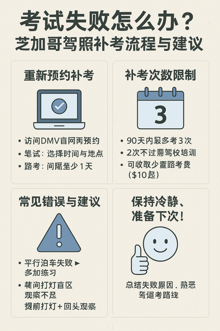 芝加哥驾照考试失败后补考流程图，包含预约步骤与常见错误总结