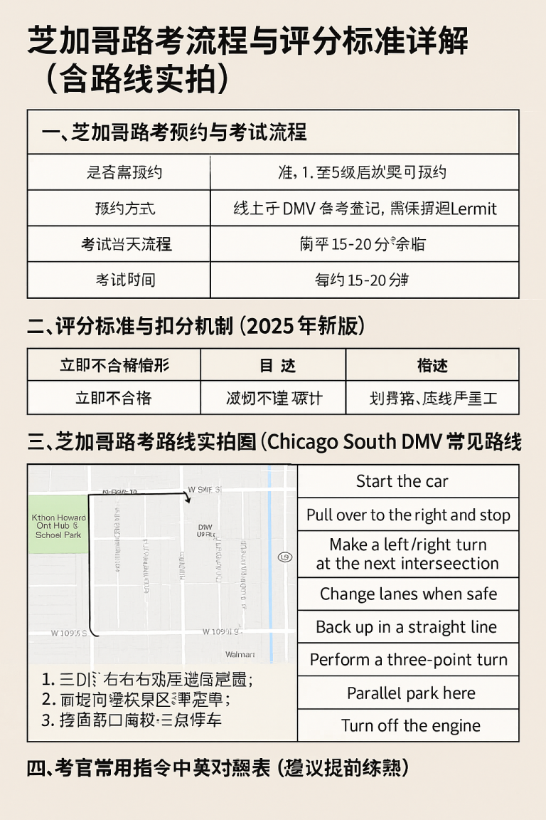 芝加哥路考图解，包含预约流程、评分机制、DMV常见路线图与考官中英文指令汇总