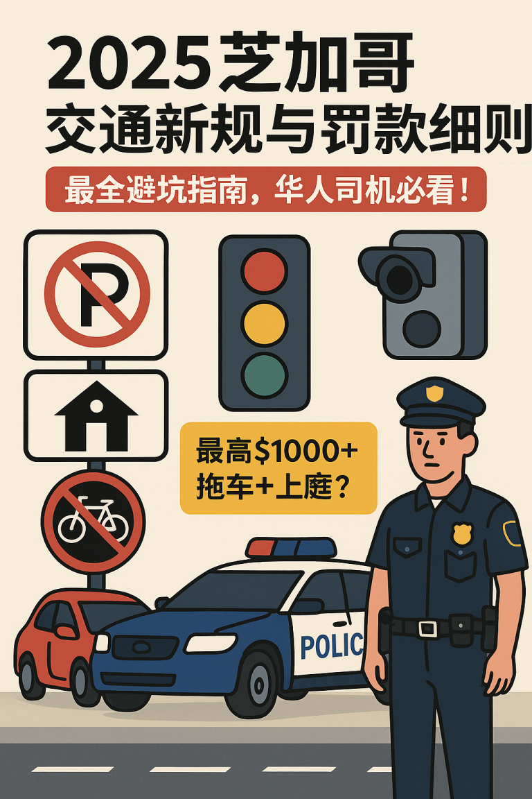 2025年芝加哥交通新规与罚款细则中文指南，适合华人司机了解禁止停车、闯红灯、占用自行车道等常见交通违规