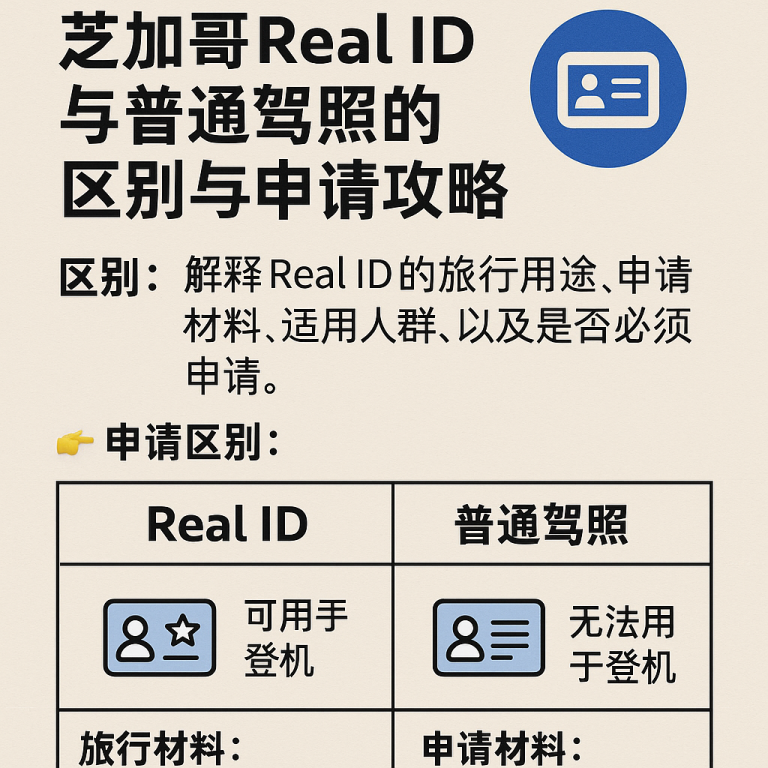 芝加哥 Real ID 与普通驾照对比图，包含用途、材料和标志区别